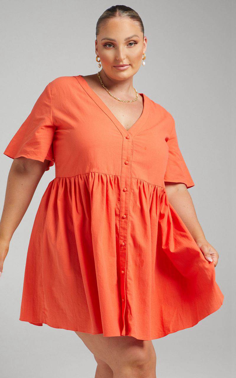 Showpo Staycation Mini Dress - Smock Button Up Dress Coral | THLVIJ465