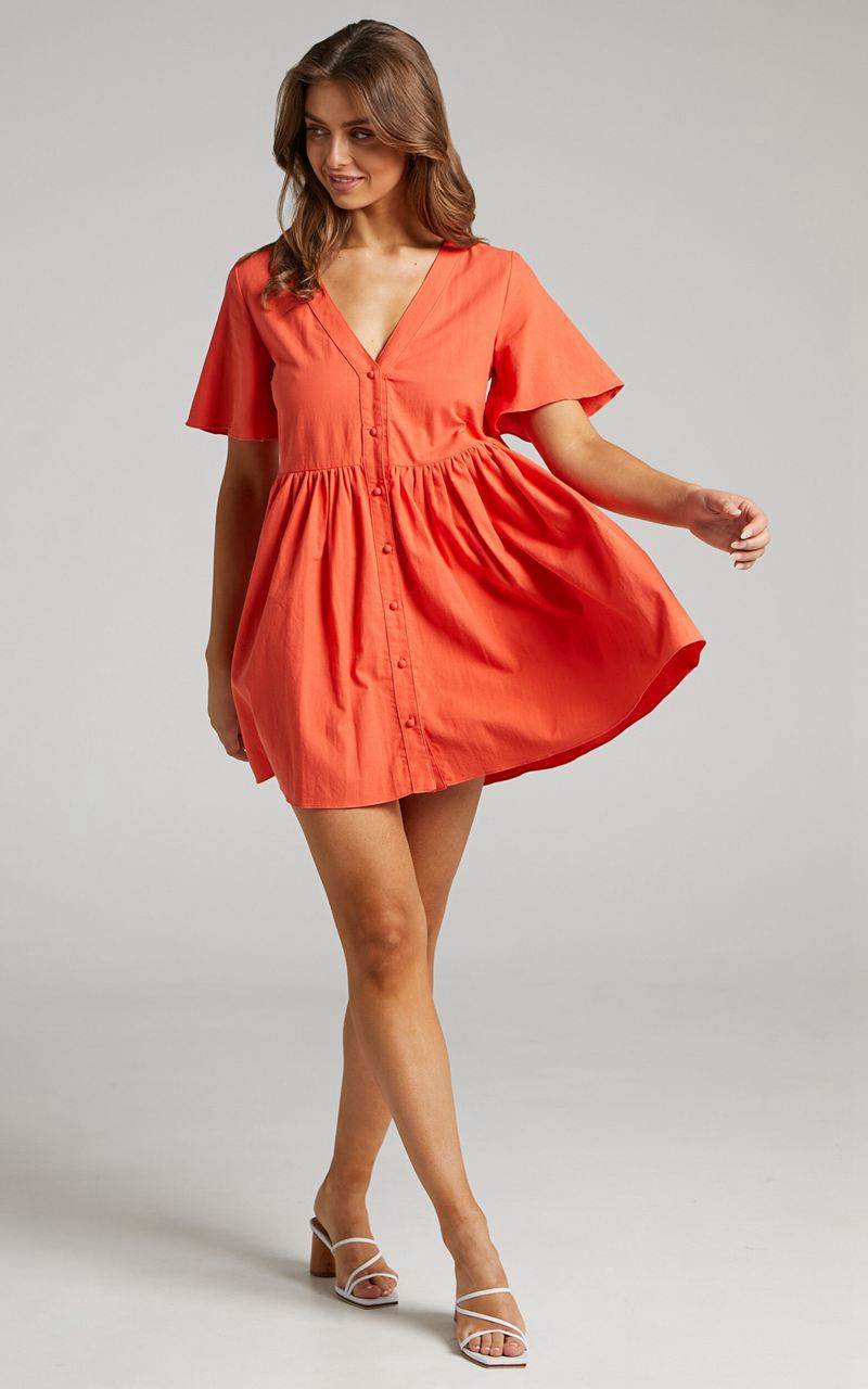 Showpo Staycation Mini Dress - Smock Button Up Dress Coral | THLVIJ465