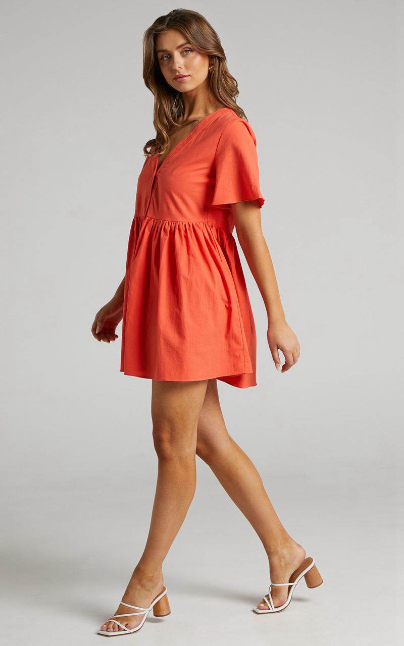 Showpo Staycation Mini Dress - Smock Button Up Dress Coral | THLVIJ465