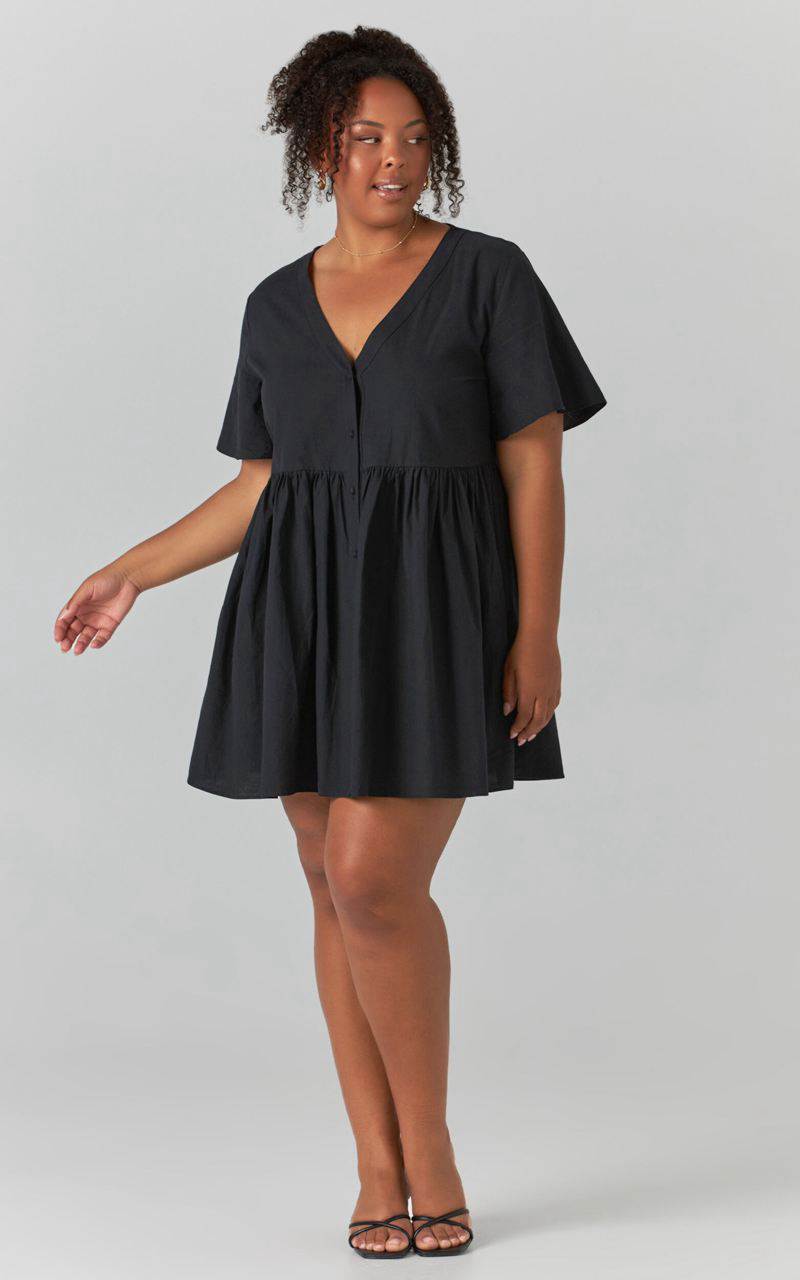 Showpo Staycation Mini Dress - Smock Button Up Dress Black | DECQPO590