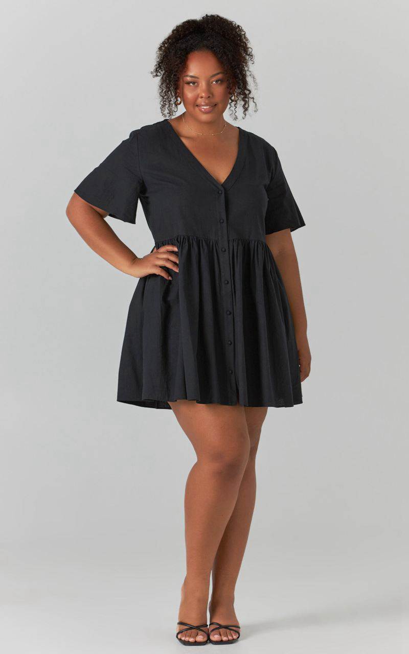 Showpo Staycation Mini Dress - Smock Button Up Dress Black | DECQPO590