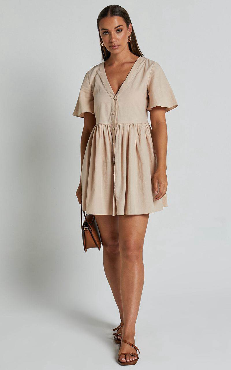 Showpo Staycation Mini Dress - Smock Button Up Dress Beige | TZXFLD610