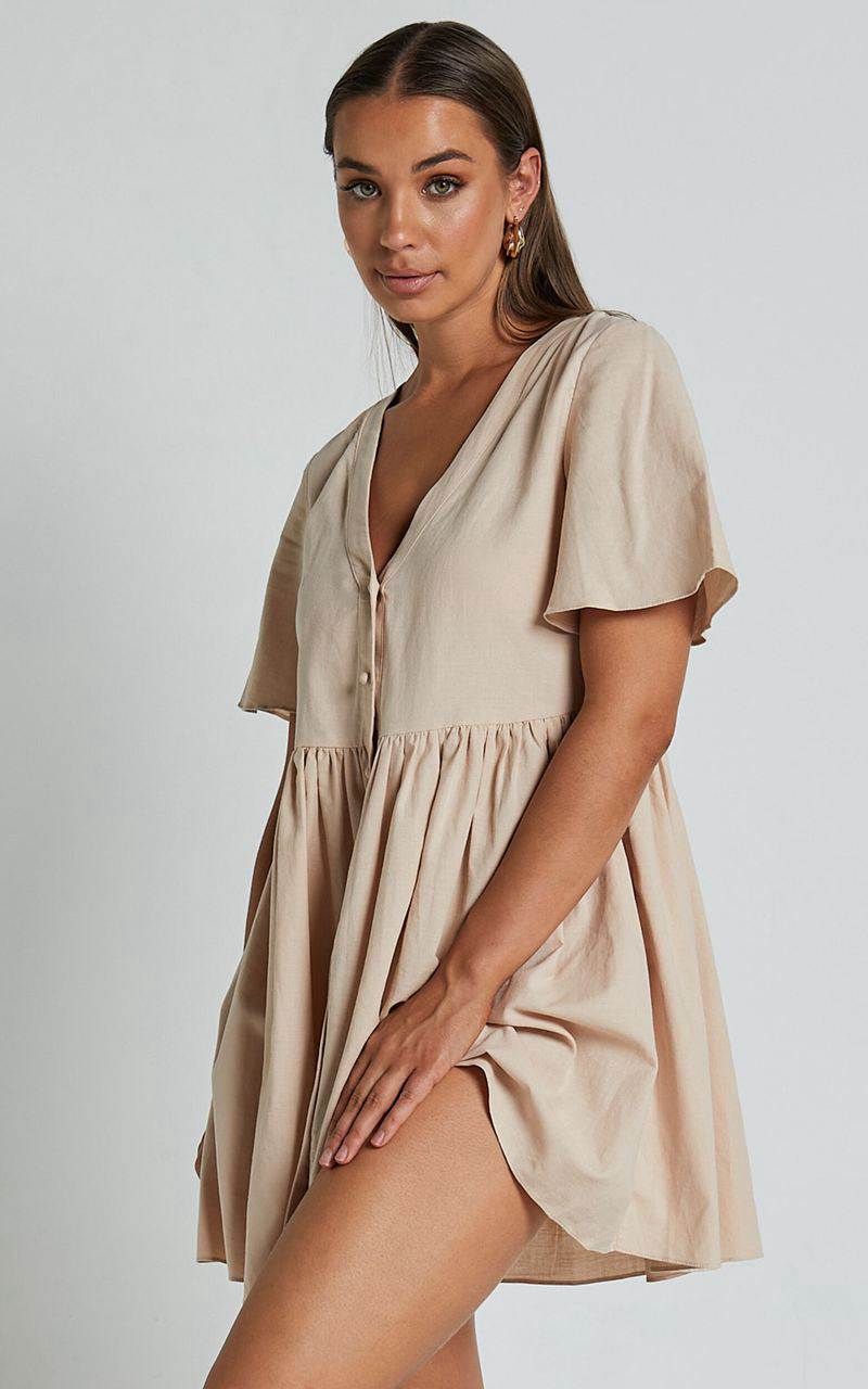 Showpo Staycation Mini Dress - Smock Button Up Dress Beige | TZXFLD610