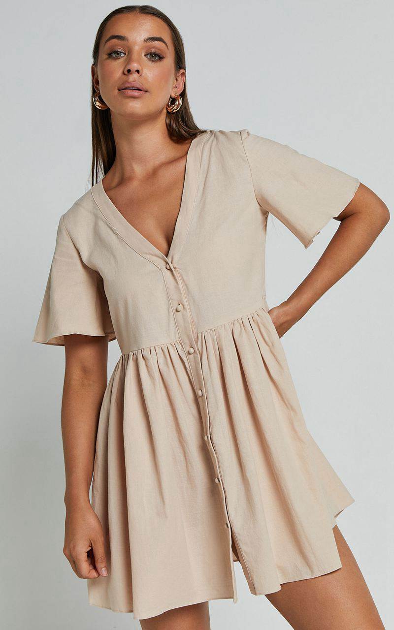 Showpo Staycation Mini Dress - Smock Button Up Dress Beige | TZXFLD610