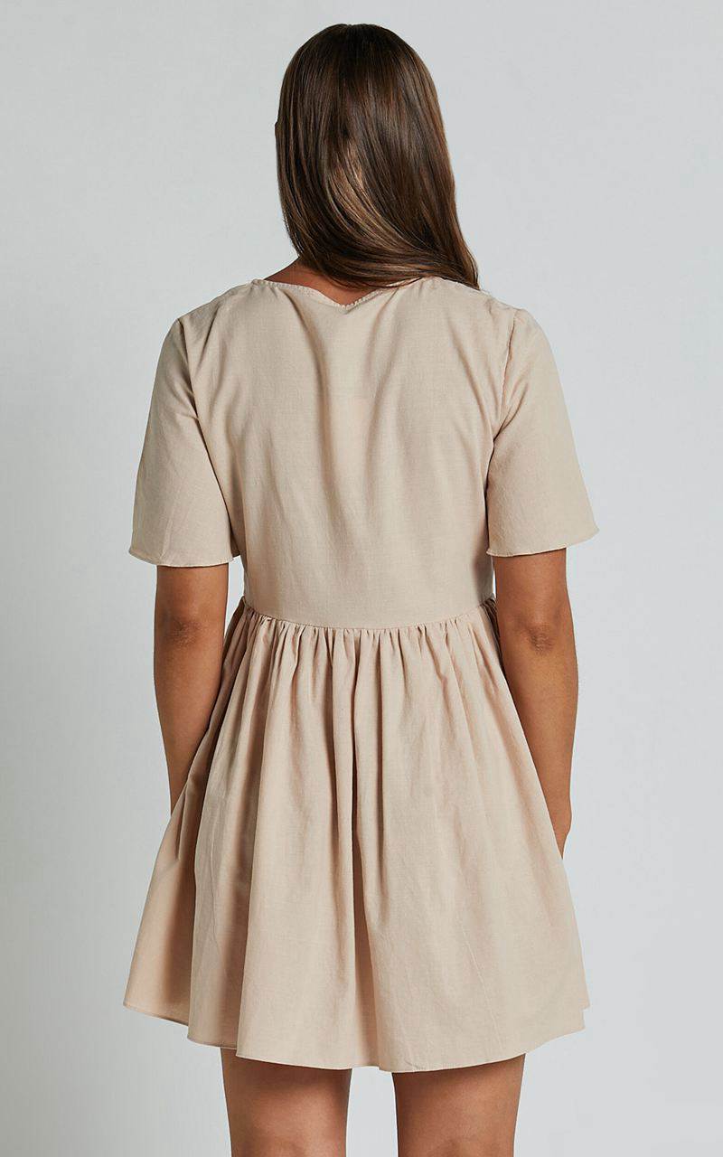 Showpo Staycation Mini Dress - Smock Button Up Dress Beige | TZXFLD610