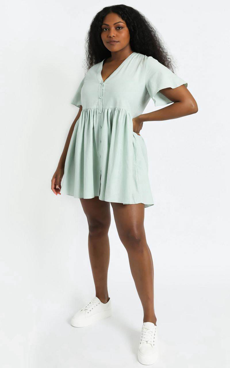 Showpo Staycation Smock Button Up Mini Dress Light Sage | RVDGWL570