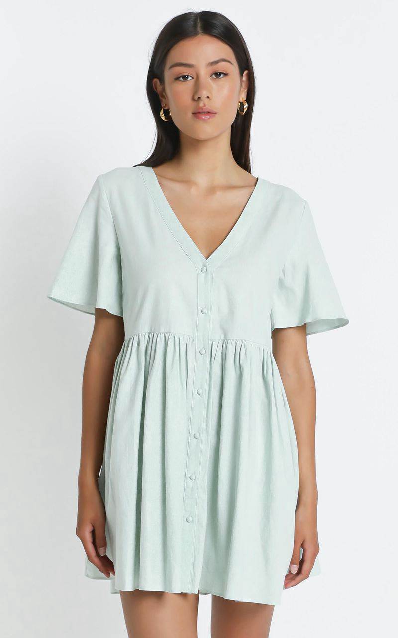 Showpo Staycation Smock Button Up Mini Dress Light Sage | RVDGWL570