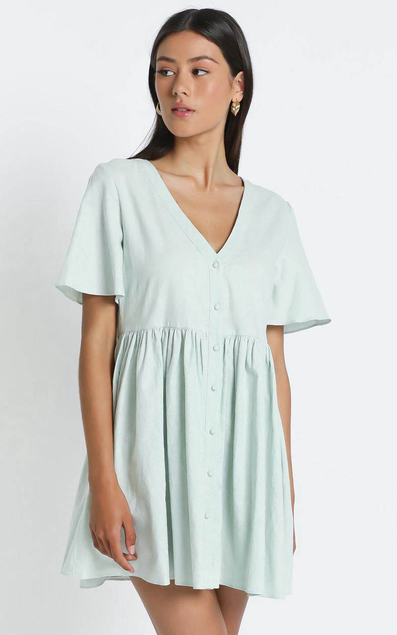 Showpo Staycation Smock Button Up Mini Dress Light Sage | RVDGWL570