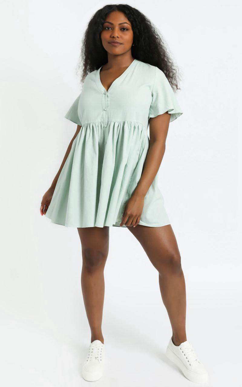 Showpo Staycation Smock Button Up Mini Dress Light Sage | RVDGWL570