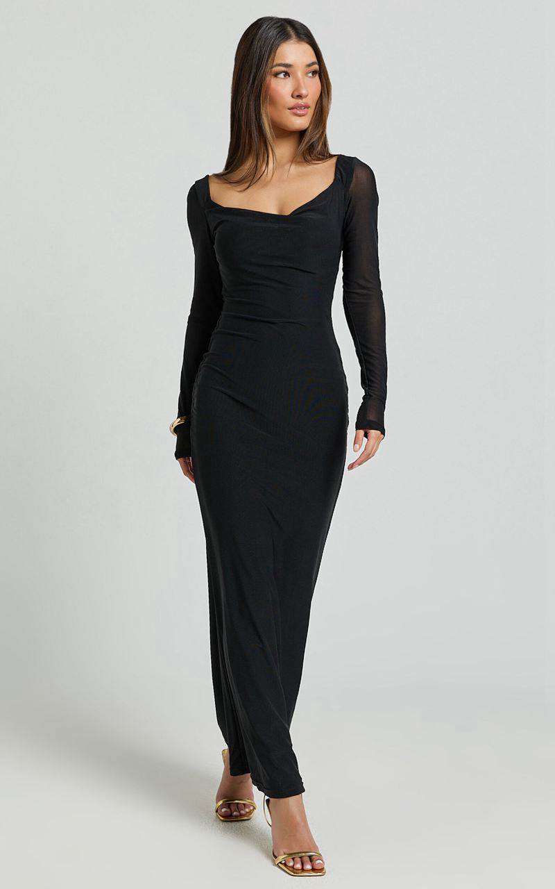 Showpo Stephie Maxi Dress - Cowl Neck Low Back Mesh Dress Black | IQHNMA146