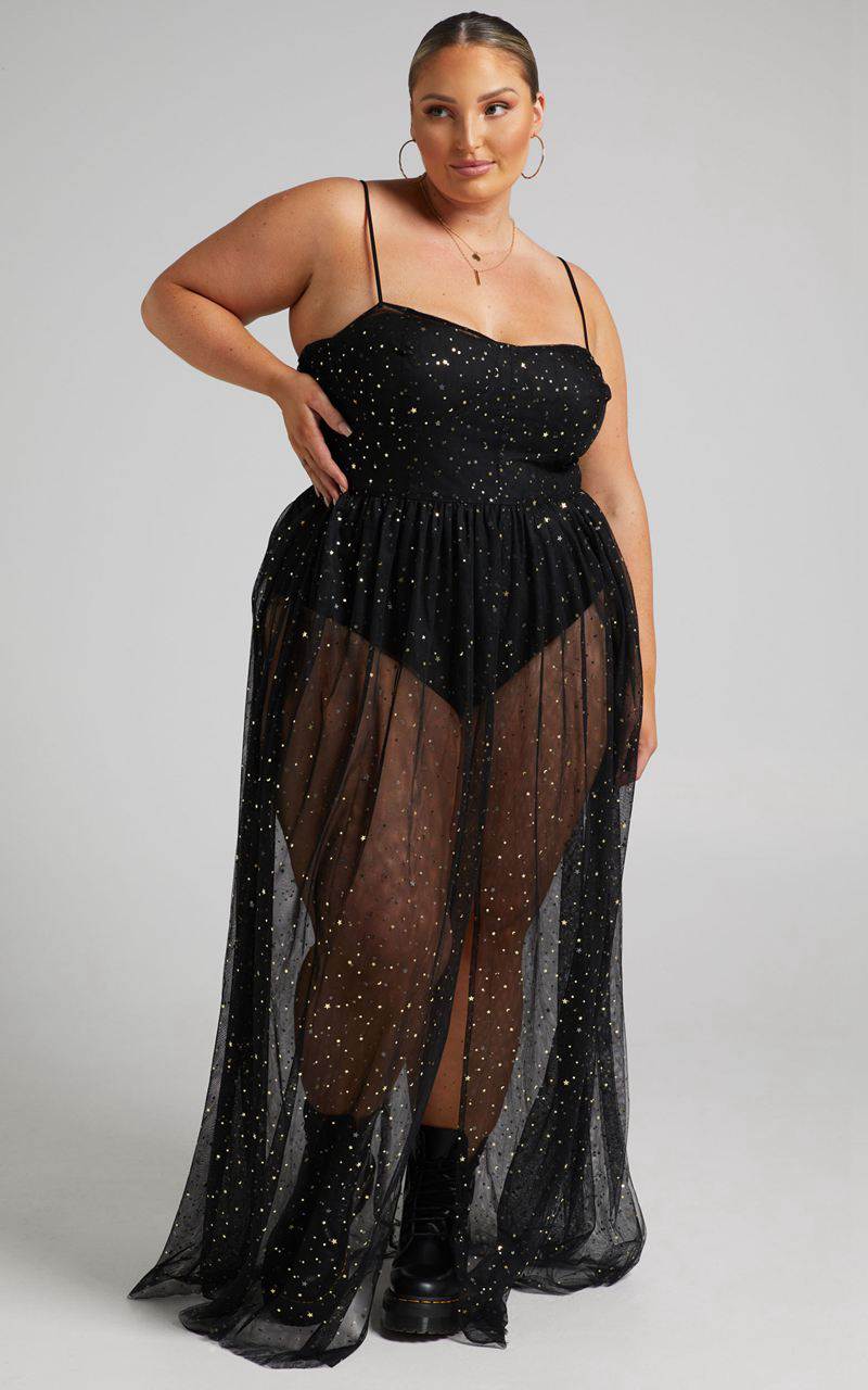 Showpo Stunning View Maxi Dress - Bodice Sheer Dress Black Mesh | VPURMK835