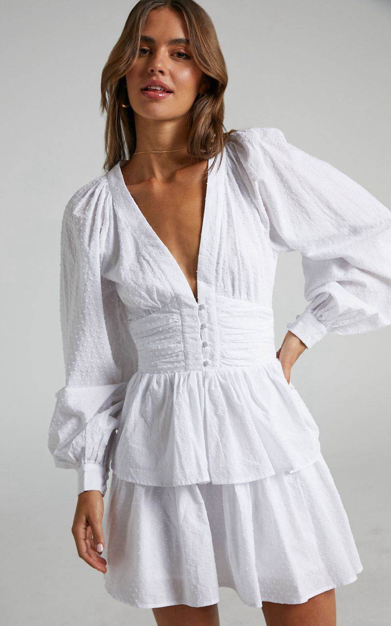 Showpo Suki Mini Dress - Plunge Neck Balloon Sleeve Tiered Ruffle Dress White | GQTNKI389