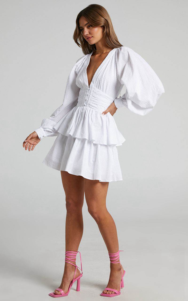 Showpo Suki Mini Dress - Plunge Neck Balloon Sleeve Tiered Ruffle Dress White | GQTNKI389