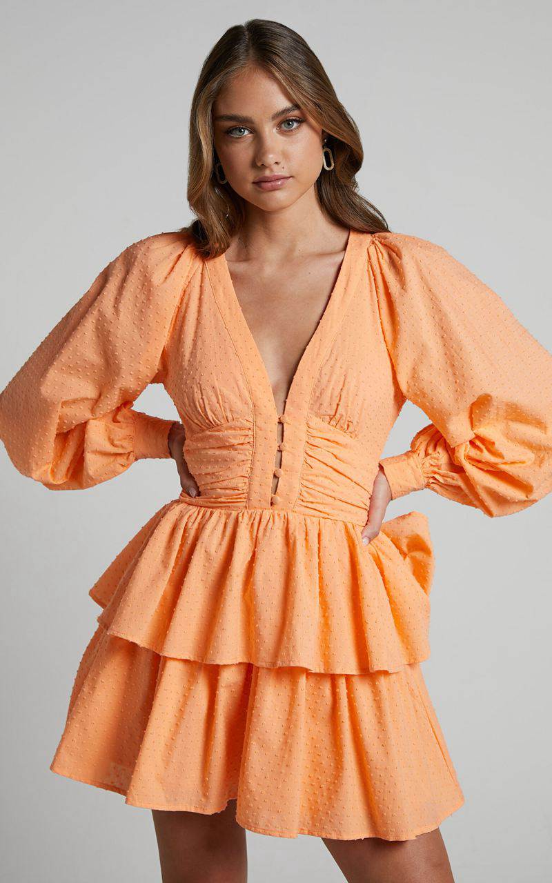 Showpo Suki Mini Dress - Plunge Neck Balloon Sleeve Tiered Ruffle Dress Sherbet | ILJXND128