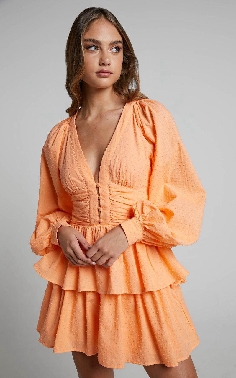 Showpo Suki Mini Dress - Plunge Neck Balloon Sleeve Tiered Ruffle Dress Sherbet | ILJXND128