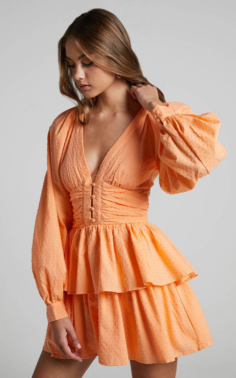 Showpo Suki Mini Dress - Plunge Neck Balloon Sleeve Tiered Ruffle Dress Sherbet | ILJXND128