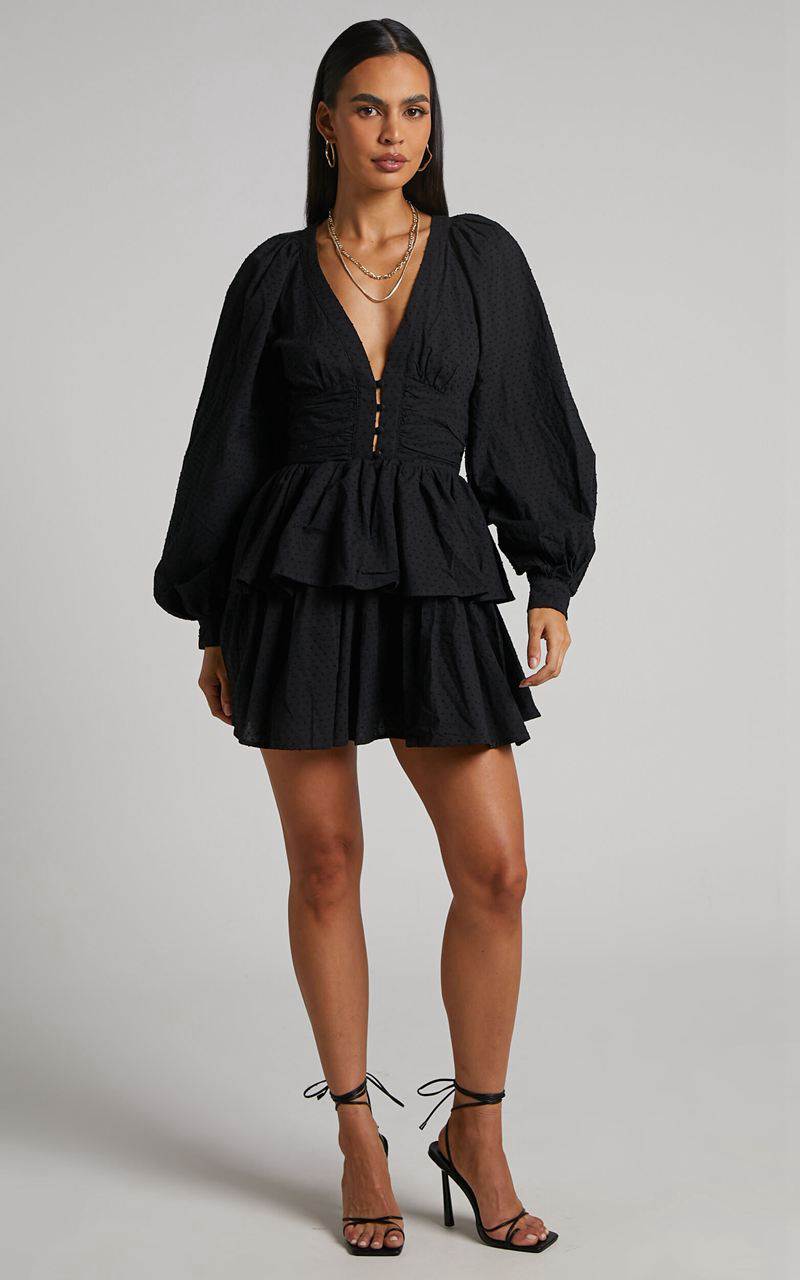 Showpo Suki Mini Dress - Plunge Neck Balloon Sleeve Tiered Ruffle Dress Black | WUQGLJ129