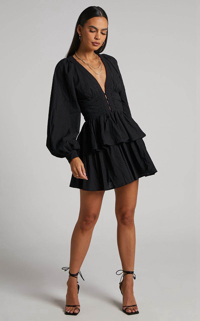 Showpo Suki Mini Dress - Plunge Neck Balloon Sleeve Tiered Ruffle Dress Black | WUQGLJ129