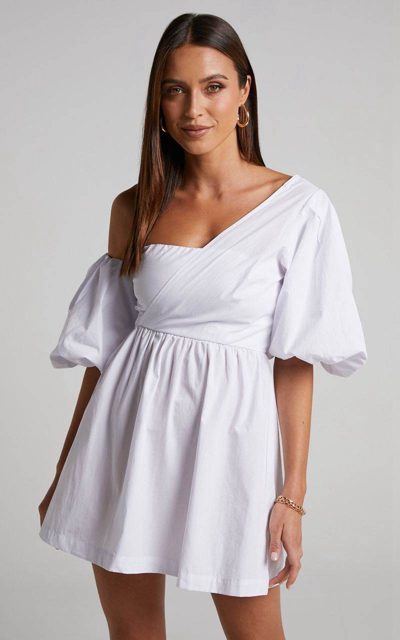 Showpo Sula Mini Dress - Asymmetric Off One Shoulder Puff Sleeve Dress White | WQGVPE962