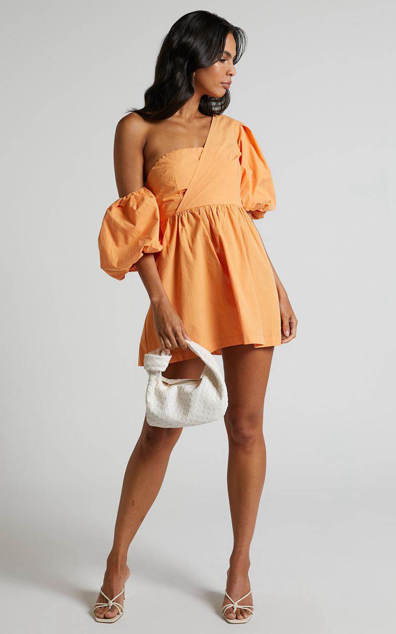 Showpo Sula Mini Dress - Asymmetric Off One Shoulder Puff Sleeve Dress Sherbet Orange | GLBXMN459