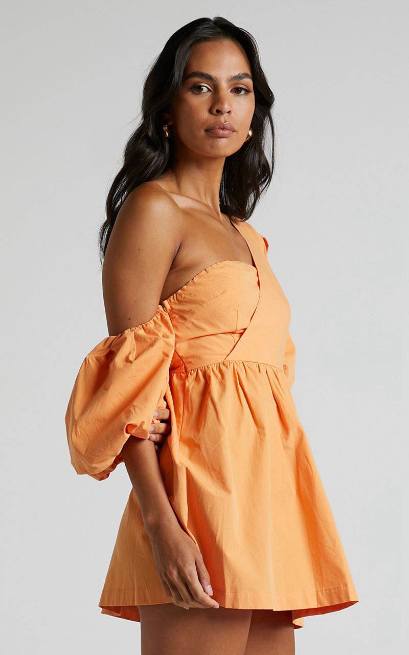 Showpo Sula Mini Dress - Asymmetric Off One Shoulder Puff Sleeve Dress Sherbet Orange | GLBXMN459