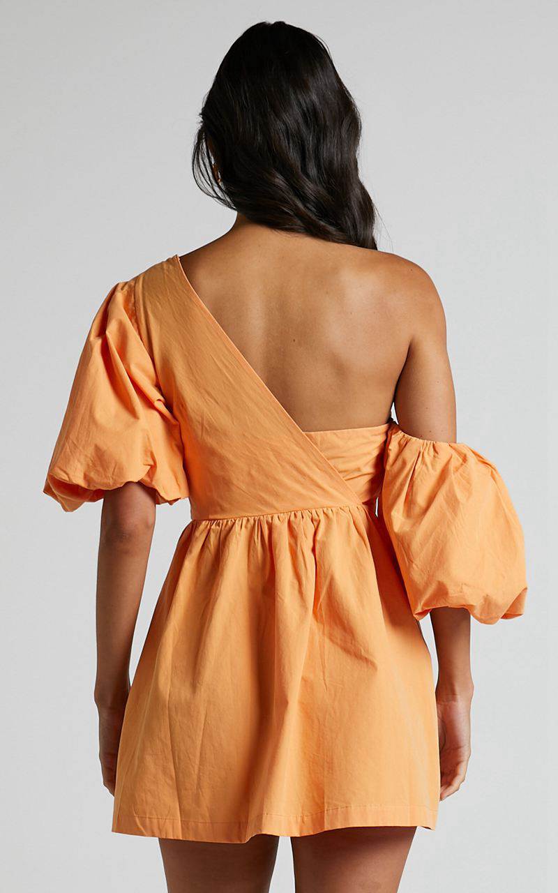 Showpo Sula Mini Dress - Asymmetric Off One Shoulder Puff Sleeve Dress Sherbet Orange | GLBXMN459