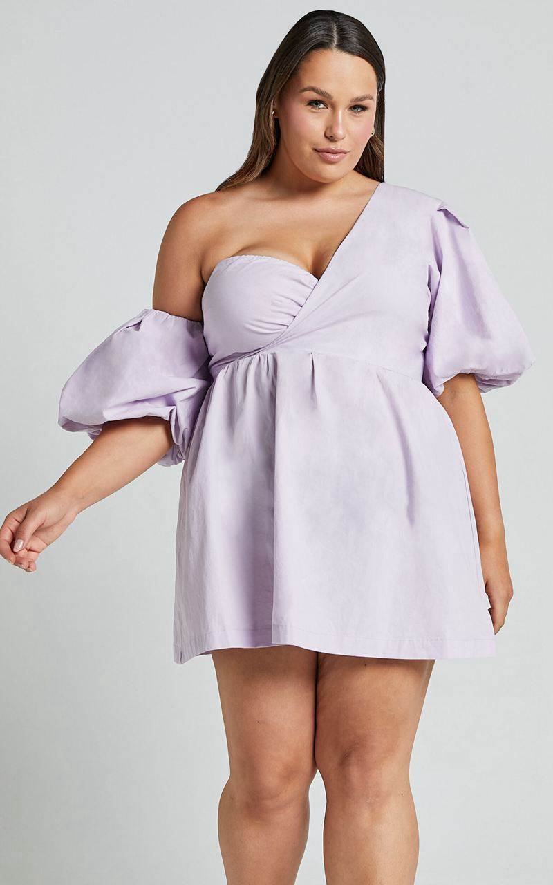 Showpo Sula Mini Dress - Asymmetric Off One Shoulder Puff Sleeve Dress Lilac | FCHRSJ267