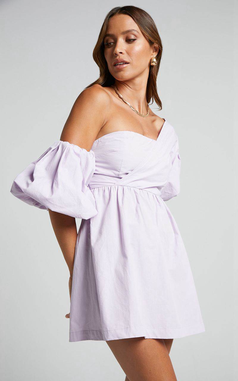 Showpo Sula Mini Dress - Asymmetric Off One Shoulder Puff Sleeve Dress Lilac | FCHRSJ267