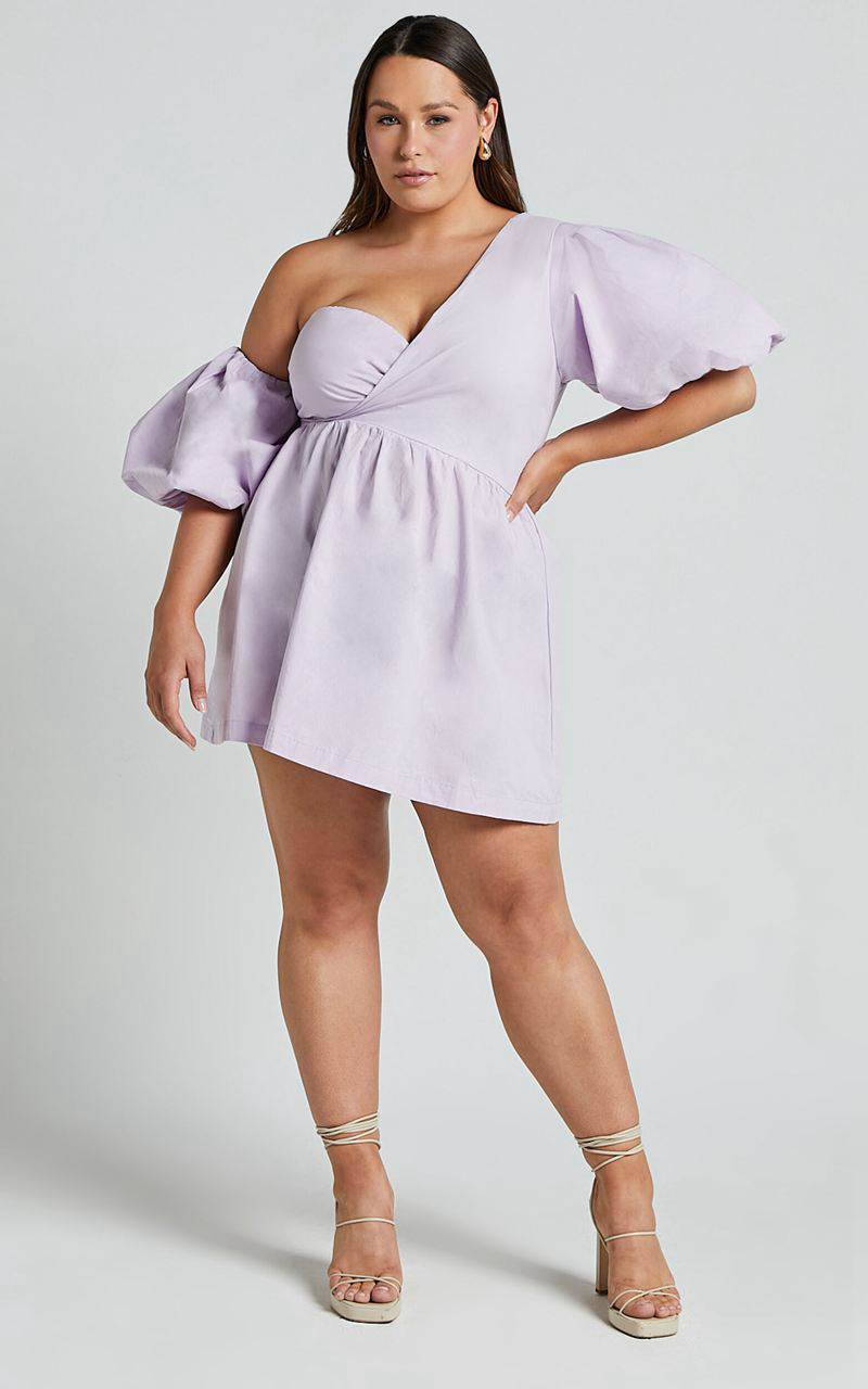 Showpo Sula Mini Dress - Asymmetric Off One Shoulder Puff Sleeve Dress Lilac | FCHRSJ267