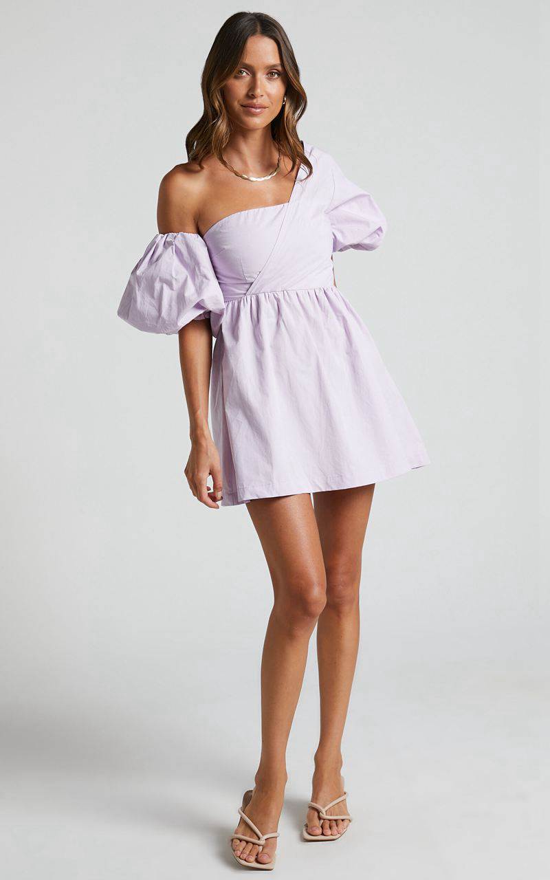 Showpo Sula Mini Dress - Asymmetric Off One Shoulder Puff Sleeve Dress Lilac | FCHRSJ267