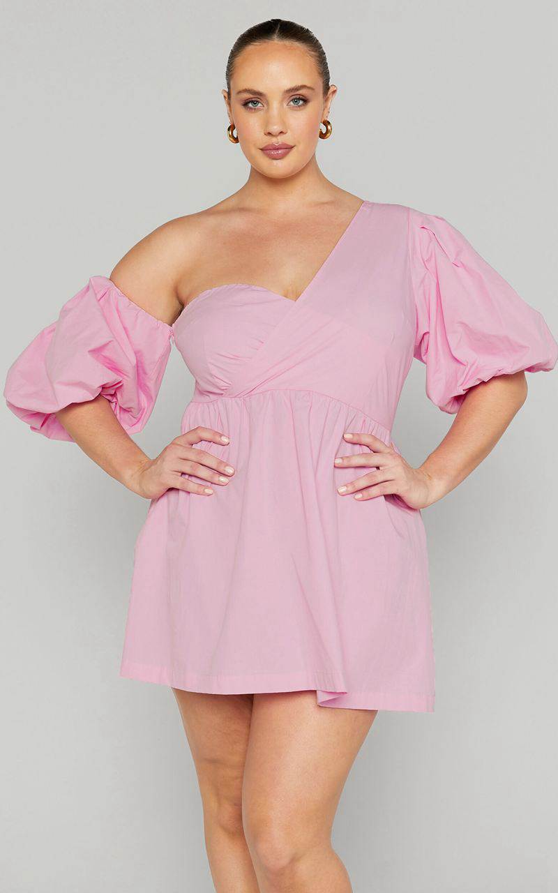 Showpo Sula Mini Dress - Asymmetric Off One Shoulder Puff Sleeve Dress Pink | CTVKXD291