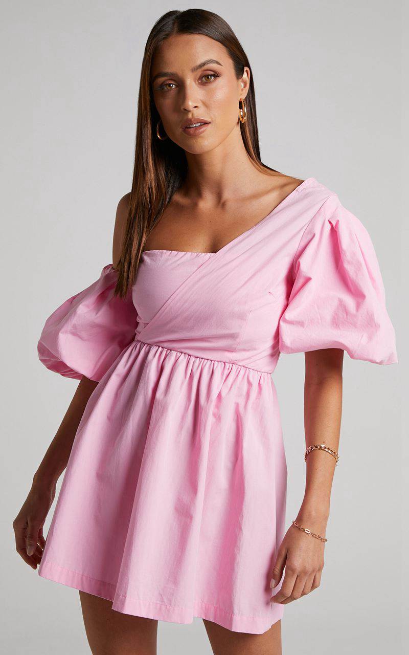 Showpo Sula Mini Dress - Asymmetric Off One Shoulder Puff Sleeve Dress Pink | CTVKXD291