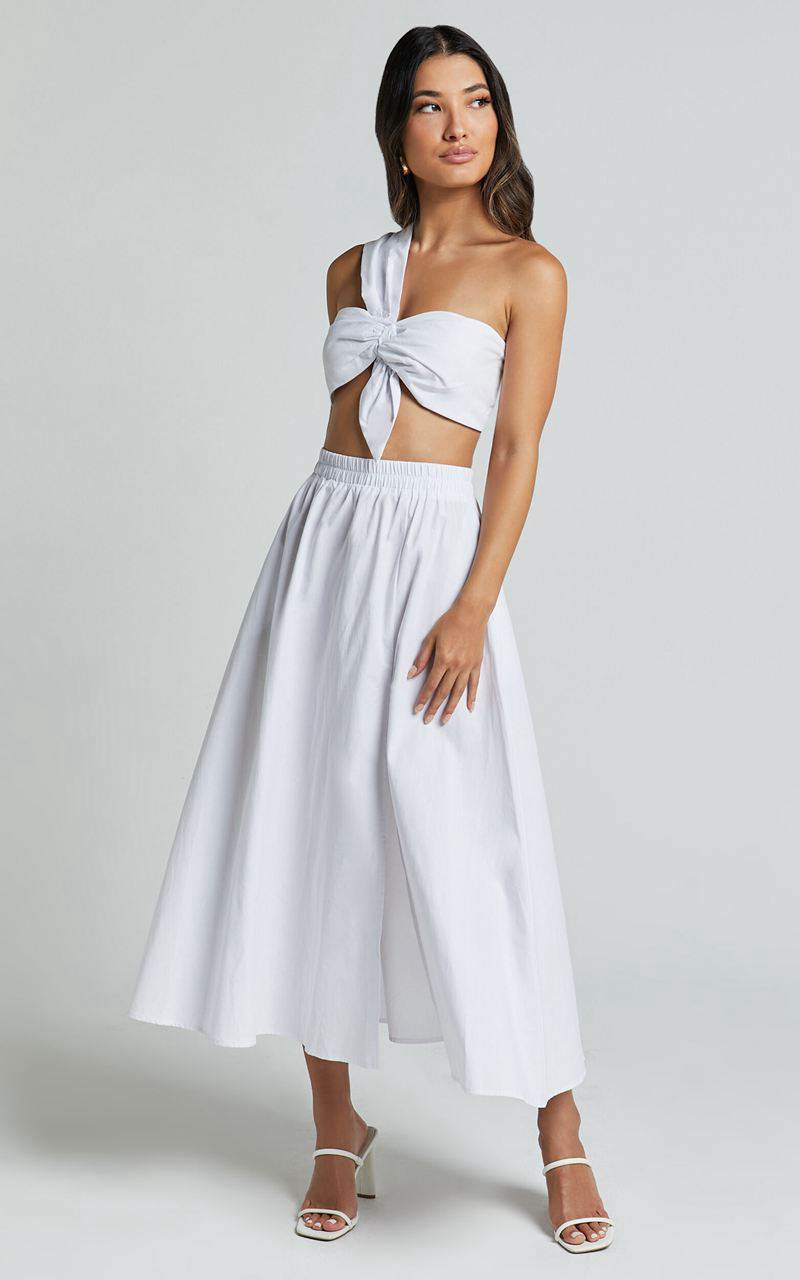 Showpo Sula Two Piece Set - One Shoulder Bralette Crop Top And Midi Skirt Set White | TODJHB813