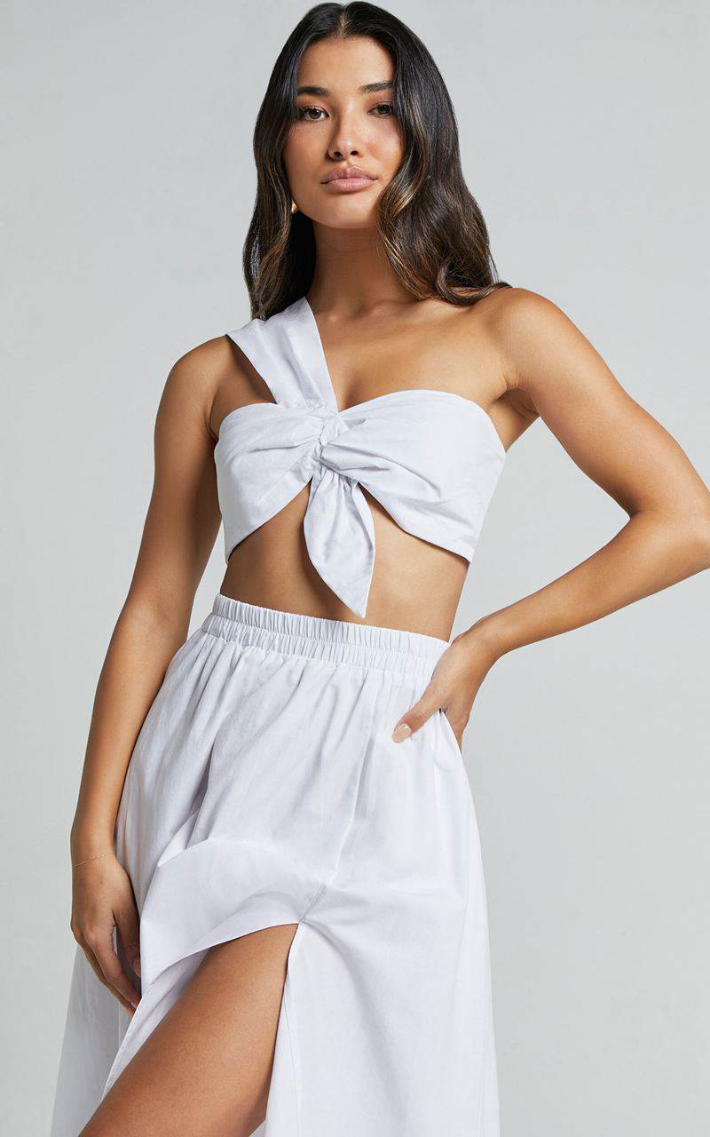 Showpo Sula Two Piece Set - One Shoulder Bralette Crop Top And Midi Skirt Set White | TODJHB813