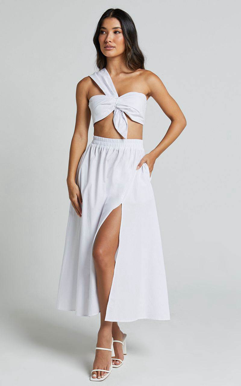 Showpo Sula Two Piece Set - One Shoulder Bralette Crop Top And Midi Skirt Set White | TODJHB813