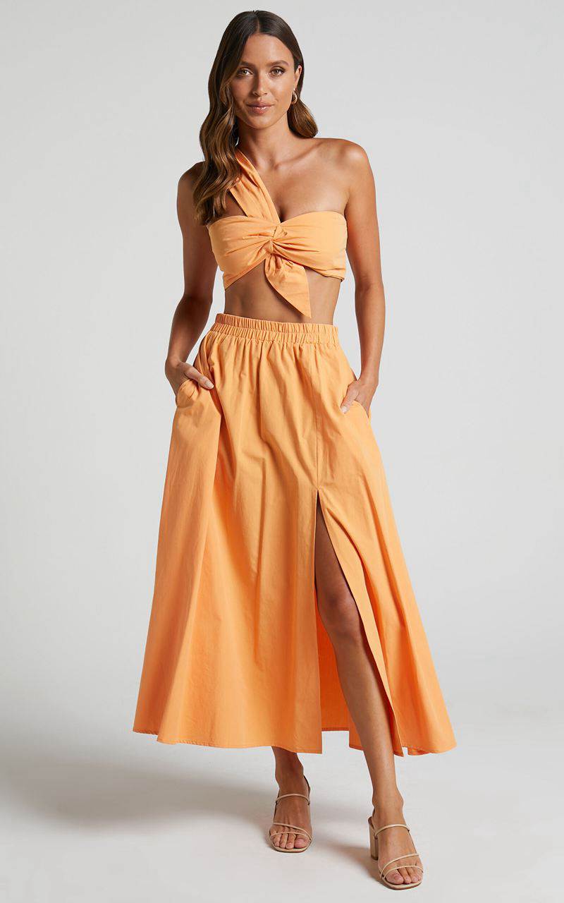 Showpo Sula Two Piece Set - One Shoulder Bralette Crop Top And Midi Skirt Set Sherbet Orange | DYJPRH074