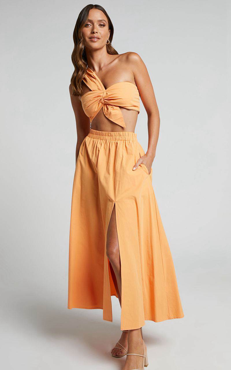 Showpo Sula Two Piece Set - One Shoulder Bralette Crop Top And Midi Skirt Set Sherbet Orange | DYJPRH074