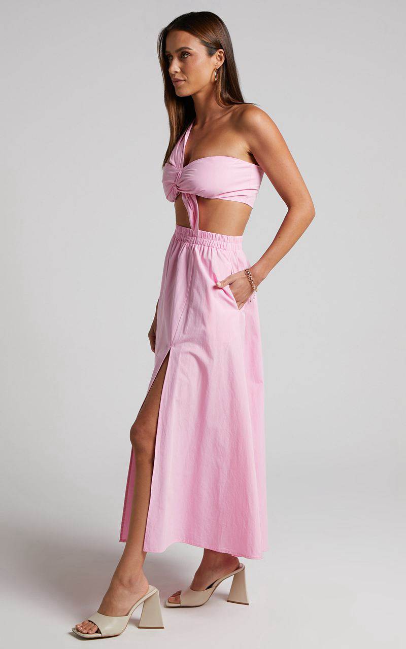 Showpo Sula Two Piece Set - One Shoulder Bralette Crop Top And Midi Skirt Set Pink | FONXJG925