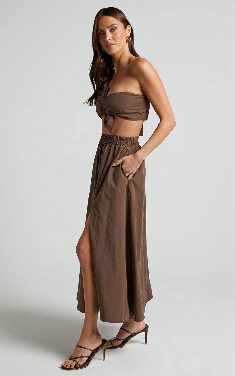 Showpo Sula Two Piece Set - One Shoulder Bralette Crop Top And Midi Skirt Set Chocolate | NMXCGV647