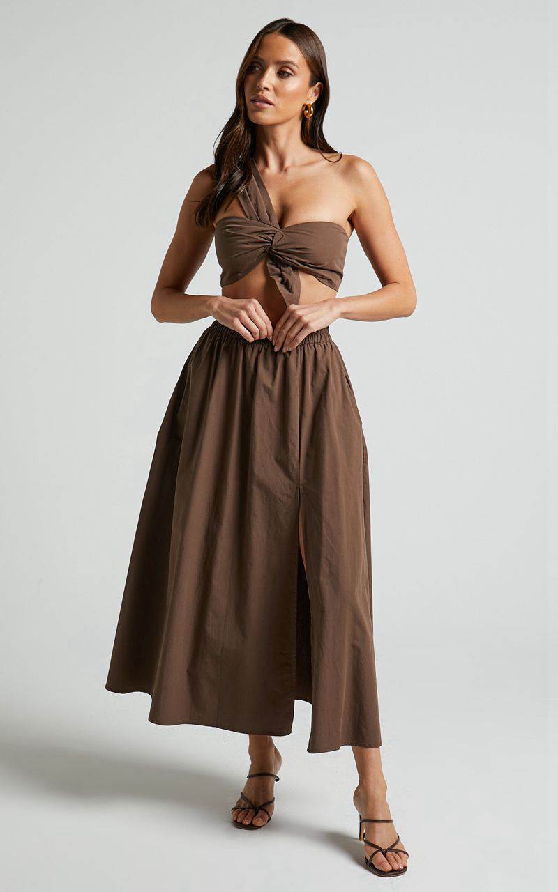 Showpo Sula Two Piece Set - One Shoulder Bralette Crop Top And Midi Skirt Set Chocolate | NMXCGV647