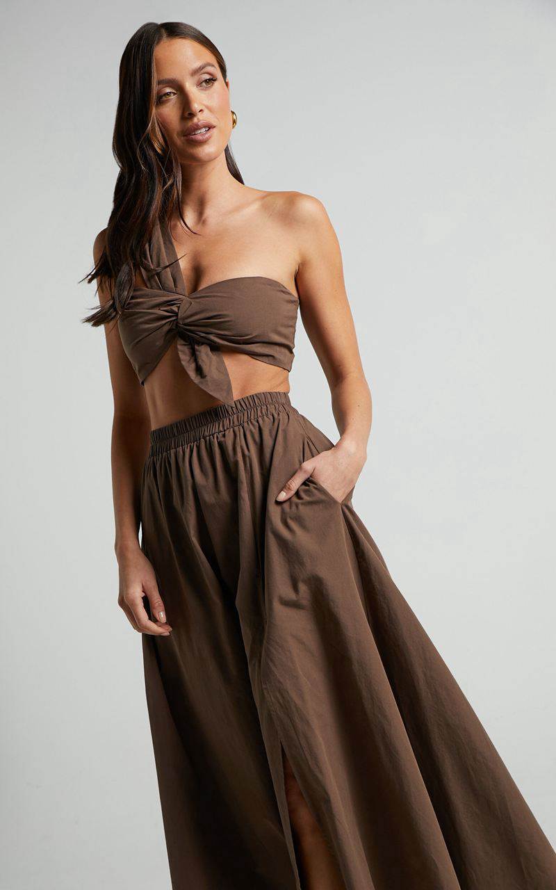 Showpo Sula Two Piece Set - One Shoulder Bralette Crop Top And Midi Skirt Set Chocolate | NMXCGV647