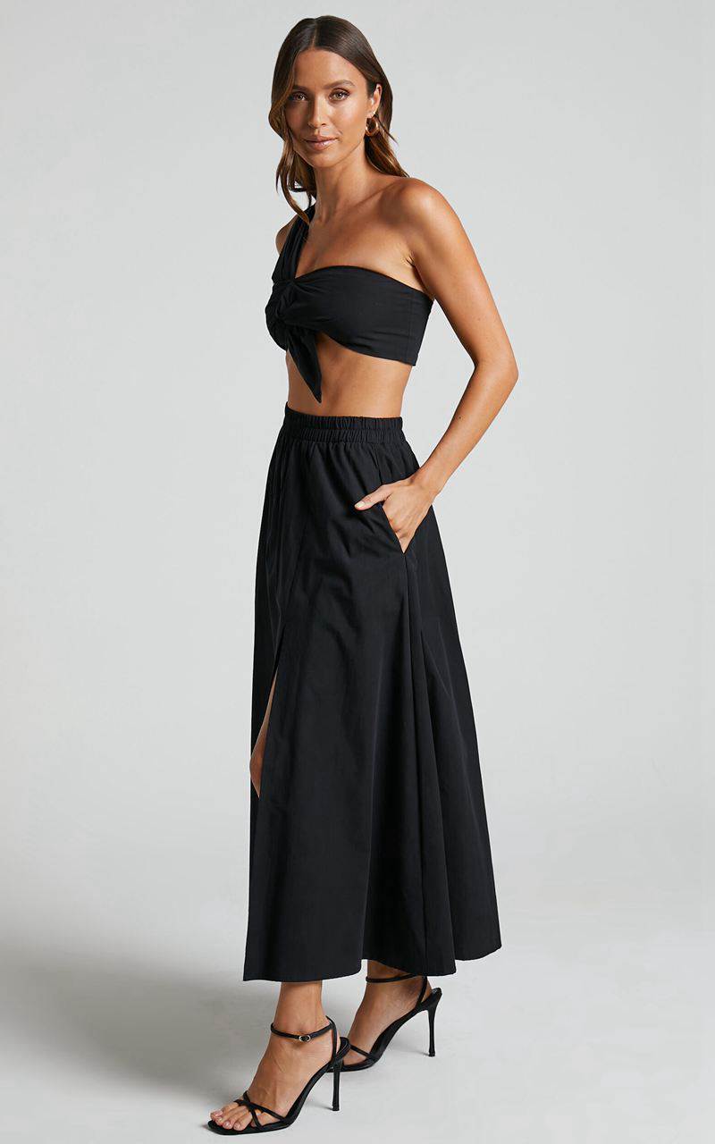 Showpo Sula Two Piece Set - One Shoulder Bralette Crop Top And Midi Skirt Set Black | TDUEXF493