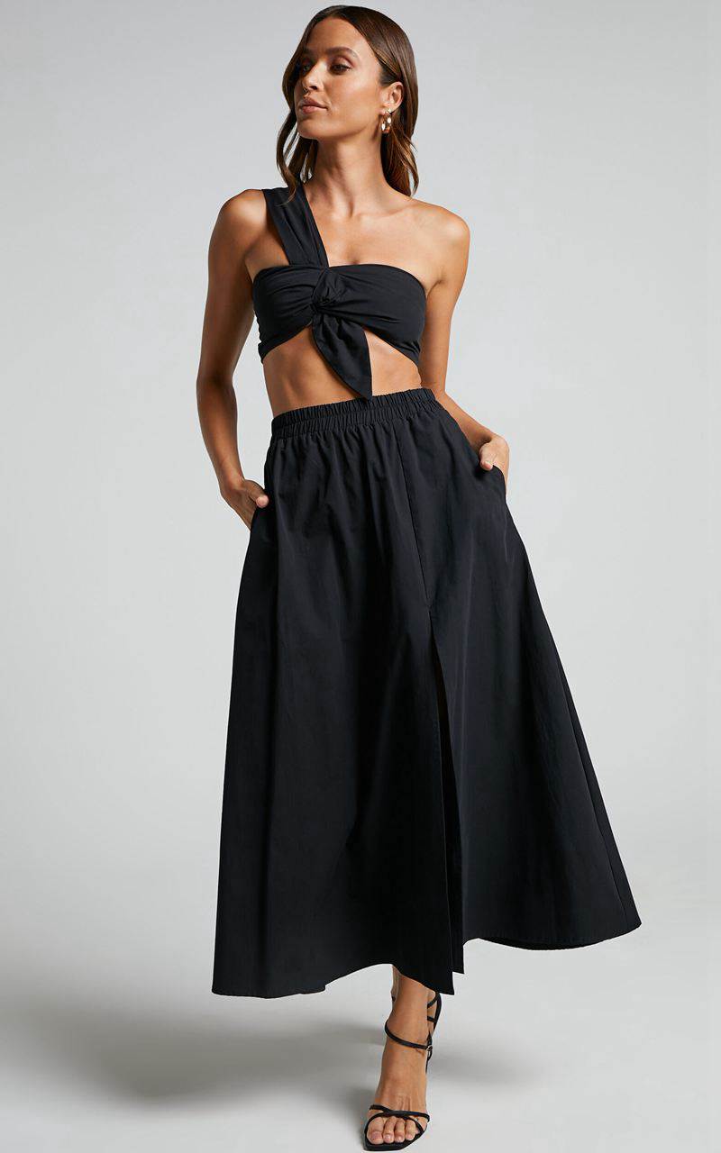 Showpo Sula Two Piece Set - One Shoulder Bralette Crop Top And Midi Skirt Set Black | TDUEXF493