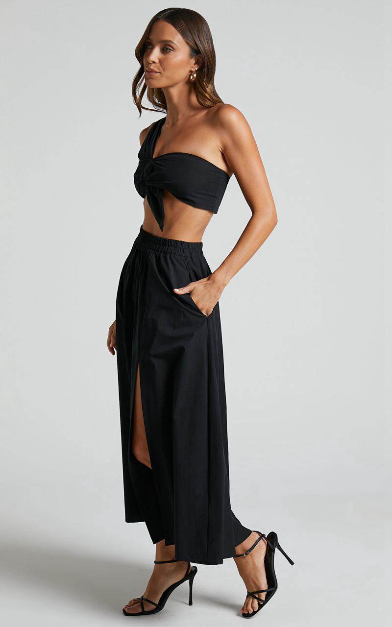 Showpo Sula Two Piece Set - One Shoulder Bralette Crop Top And Midi Skirt Set Black | TDUEXF493