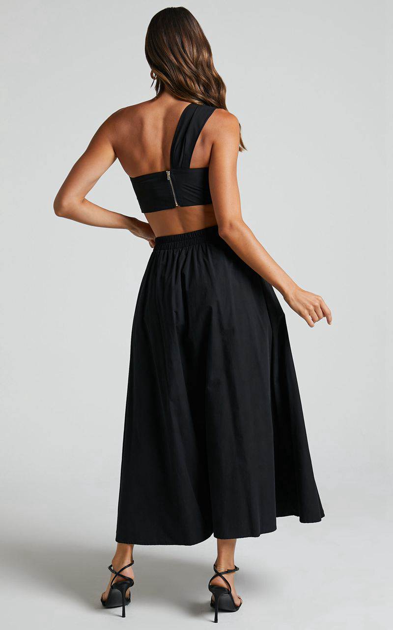 Showpo Sula Two Piece Set - One Shoulder Bralette Crop Top And Midi Skirt Set Black | TDUEXF493