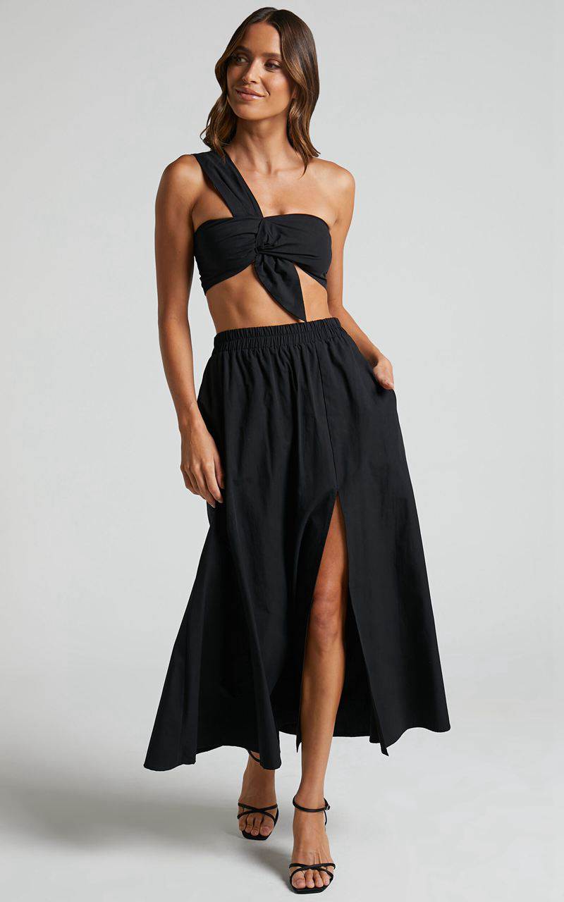 Showpo Sula Two Piece Set - One Shoulder Bralette Crop Top And Midi Skirt Set Black | TDUEXF493