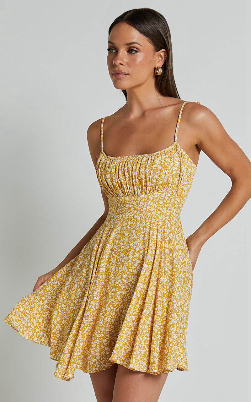 Showpo Summer Jam Mini Dress - Strappy Slip Dress Yellow Floral | KSRMGC960