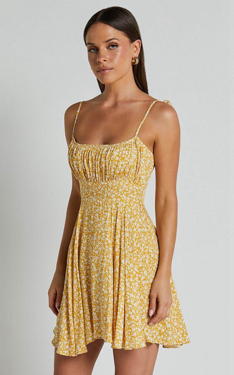 Showpo Summer Jam Mini Dress - Strappy Slip Dress Yellow Floral | KSRMGC960