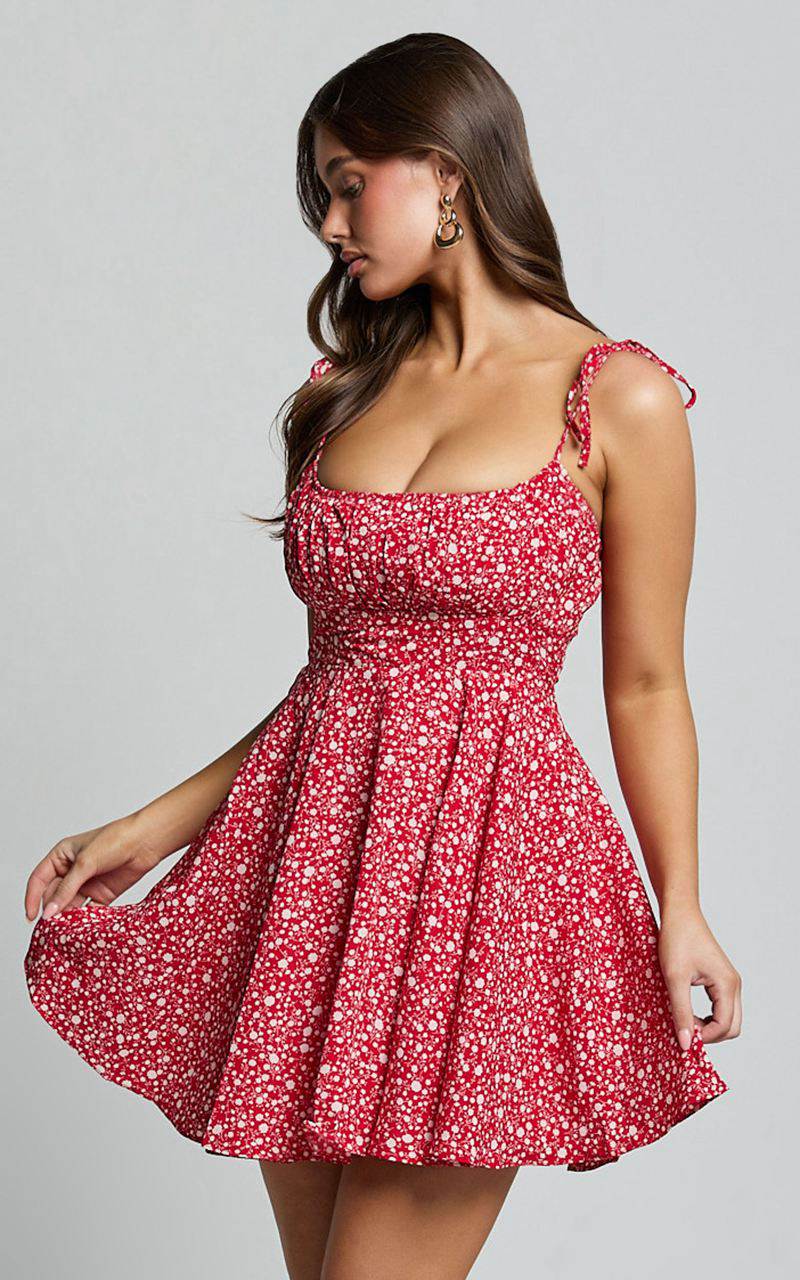 Showpo Summer Jam Mini Dress - Strappy Slip Dress Red Floral Print | USDGXO051