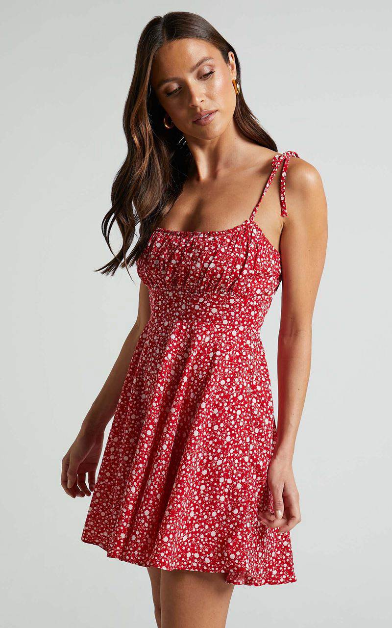 Showpo Summer Jam Mini Dress - Strappy Slip Dress Red Floral Print | USDGXO051